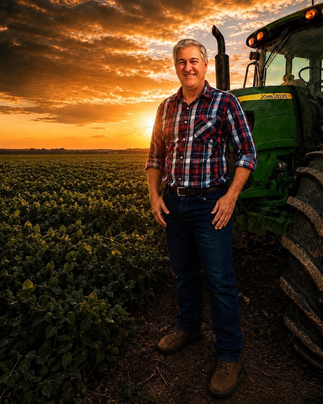Vicente, 2M Corretora, ao lado do trator no campo ao pôr do sol